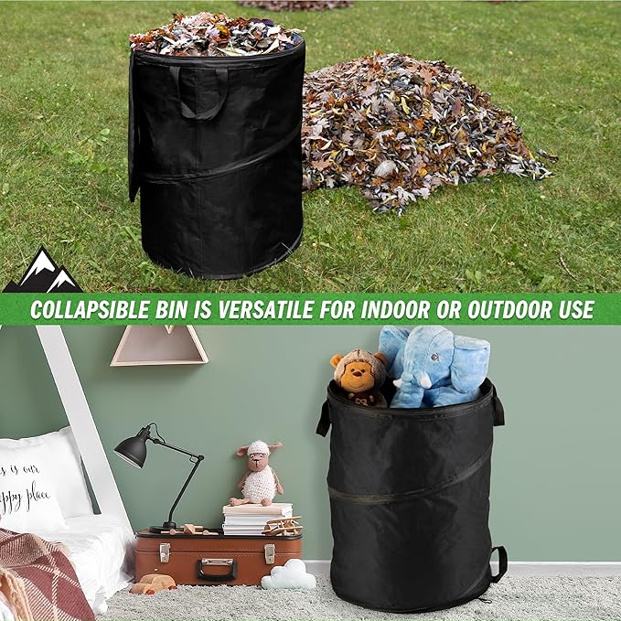 Collapsible Trash Can - 46-Gallon Garbage Can Outdoor Bin with 3 Stakes for RV, Camping, Storage, Recycling, or Yard Waste by Wakeman Outdoors (Black)
