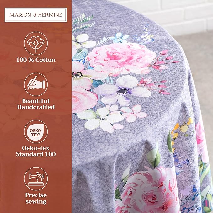 Maison d' Hermine Table Cloth Round Table 100% Cotton 63 Inches Tablecloth Reusable Decorative for Dining Room, Farmhouse, Home, Party, Festive & Wedding Spring Summer - Sweet Rose Lavender - Lush