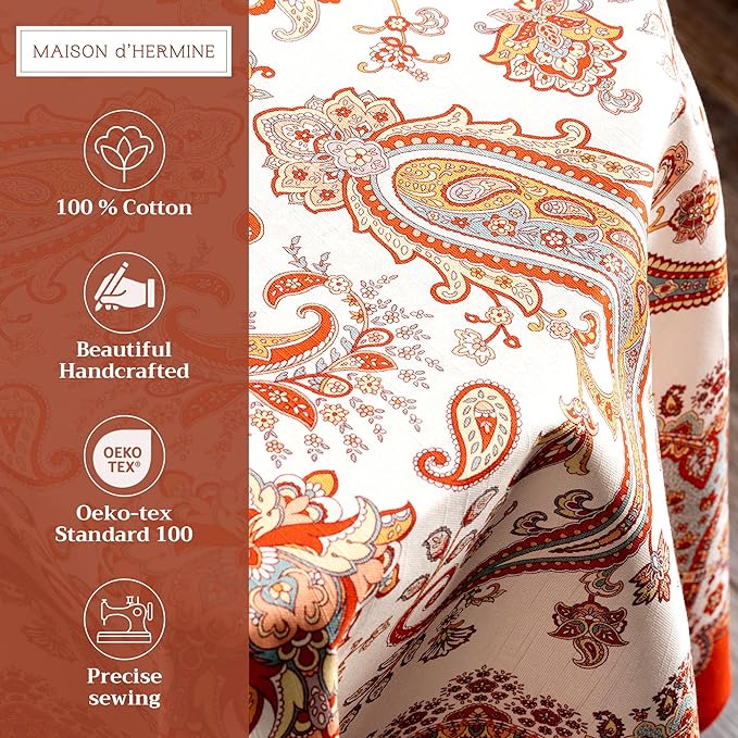 Maison d' Hermine Table Cloth Round Table 100% Cotton 63 Inches Fall Tablecloth Reusable Everyday Use for Thanksgiving Christmas Decorations Dining Farmhouse Party (Cachemire)