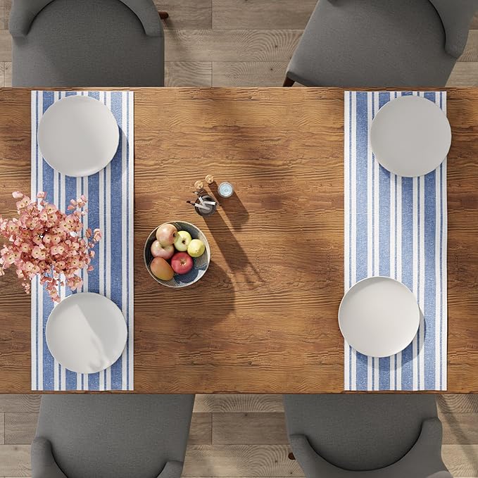 Encasa XO Cotton Dining Table Runner | Franca Blue Stripes | Size 13x36 in - Machine Washable & Durable