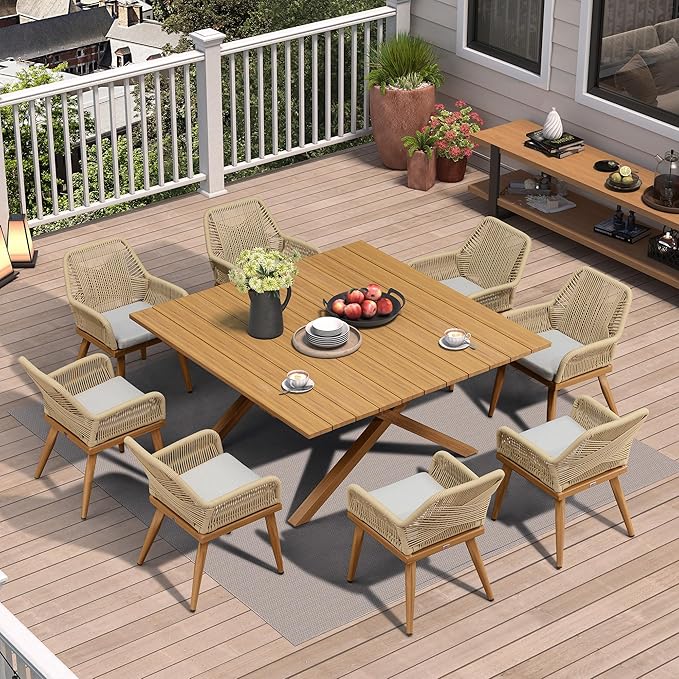 PURPLE LEAF 9 Pieces Outdoor Dining Set All-Weather PE Rattan Outdoor Patio Furniture Set with All Aluminum Frame Square Table and Chairs Set for Lawn Garden Backyard Deck, Teak