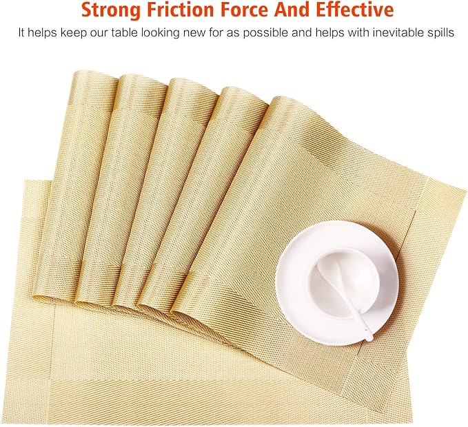 Placemats Set of 6,Washable,Heat and Stain Resistant Indoor/Outdoor Place mats,Vinyl Woven Non Slip Table Mats for Restaurant Table Protection,PVC Placemats(Gold 6PCS)