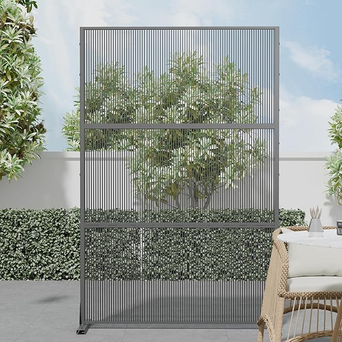 Casaphoria Metal Privacy Screen Outdoor, 72" H x 47" W Freestanding Decorative Privacy Screen for Patio Deck Balcony Garden with Stable Base, Black-Vertical Stripe