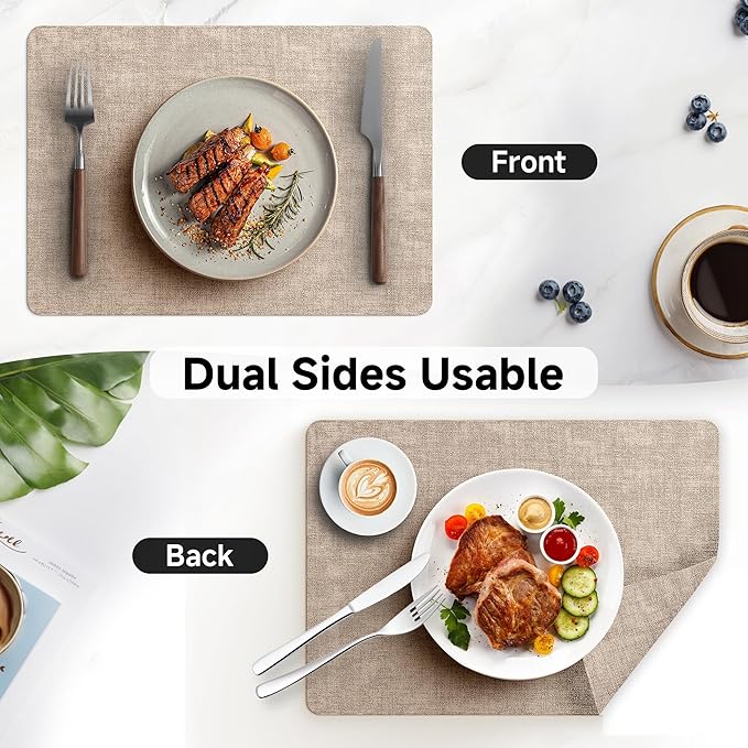 Faux Leather Vinyl Placemats Set of 4 Wipeable Heat Resistant Place Mats 100% Washable - Waterproof - Anti Slip Reversible Table Mats for Kitchen/Dining/Party/Outdoor, 12" x 16.5", Khaki