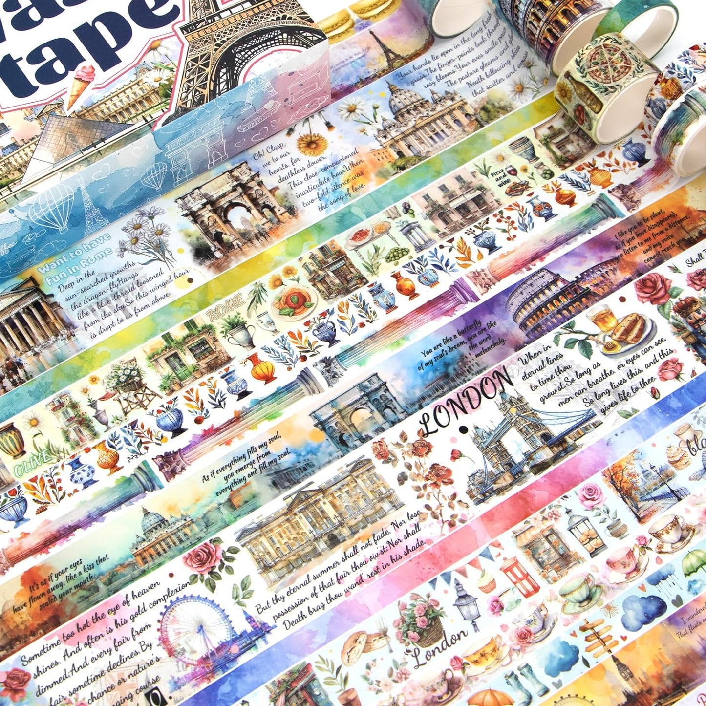 MPOPUUL Washi Tape Set 18 Rolls - European Tourism Decorative Adhesive Masking Tape for Journaling, Vintage Colored Tape for Junk Journaling Supplies, Scrapbooking Supplies, DIY Crafts, Planner
