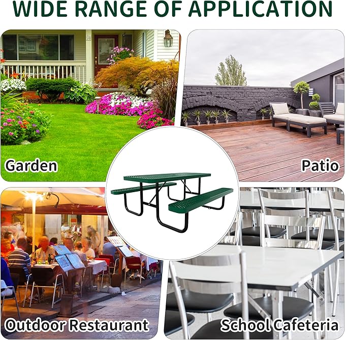 6FT Picnic Tables for Outdoors, Rectangular Commercial Metal Picnic Table Bench Set with Umbrella Hole,Heavy Duty Steel Weather-Resistant Dining Table for Patio Dining Garden Backyard BBQ School