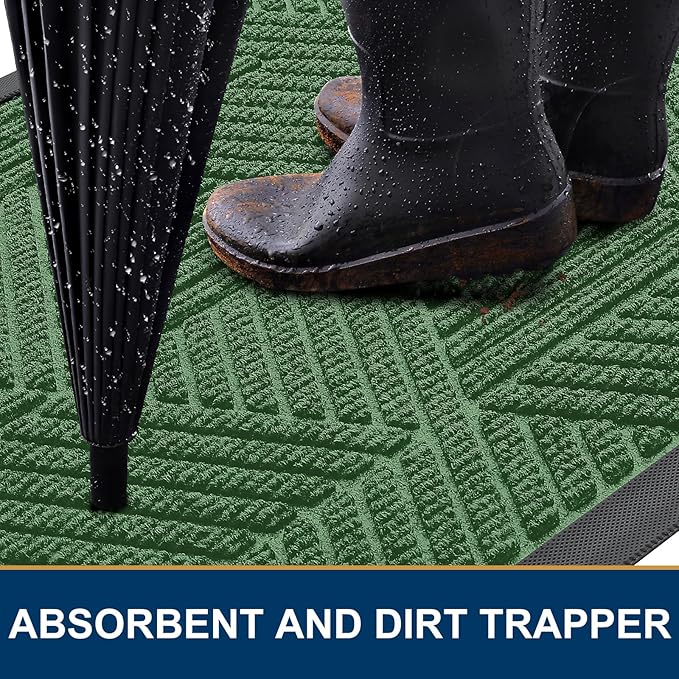Smiry Front Door Mat Outside Entrance, Heavy Duty Sturdy Natural Rubber Doormat, Trap Dirt and Moisture, Easy Clean Low Profile Mats for Indoor Outdoor Entry, Irregular Triangle (36x24, Green)