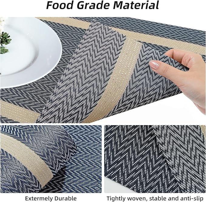 Vinyl Placemats Set of 8, PVC Woven Washable Non-Slip Table Mats, Heat Resistant Wrinkle Free Place Mats for Dining Table, Easy to Clean (Dark Blue)