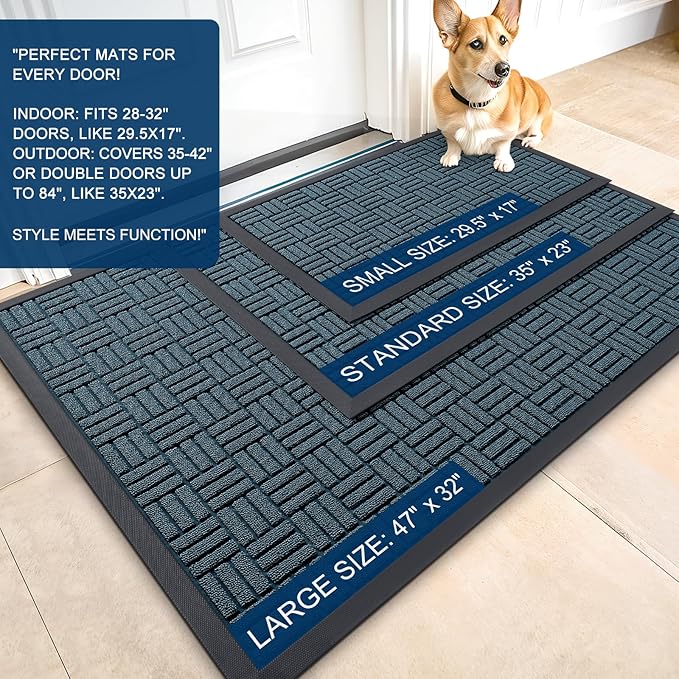 OLANLY Front Door Mat Outside Entrance 35x23, Absorbent, Heavy Duty Sturdy Natural Rubber Doormat Indoor Outdoor, Non-Slip, Stain and Fade Resistant, Low Profile Floor Mat for Entryway, Lake Blue