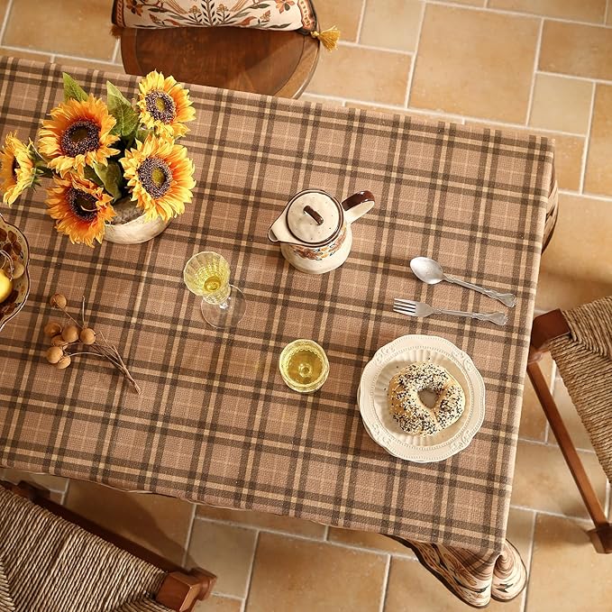 Vintage Brown Checkered Square Tablecloth,Italian Style Soft Linen Wrinkle Resistant Table Cloth,Decor Table Cover for Kitchen,Dining,Thanksgiving,Christmas,Party,67"*67"-Seville