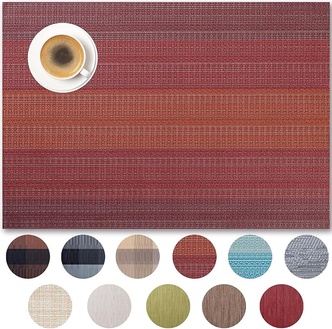 Placemats Set of 6 - Easy Clean Woven Vinyl Placemats for Dining Table, Indoor/Outdoor Place Mats, Washable PVC Table Mats（Pomegranate Parade）