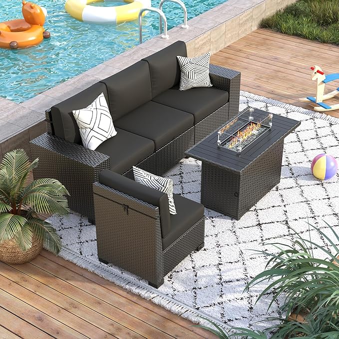 5 Piece Patio Furniture Set with Fire Pit Table, Outdoor Sectional Conversation Sets Black Wicker Rattan Sectional Sofa for Patio Garden Backyard, 4'' Thickened Cushion Black