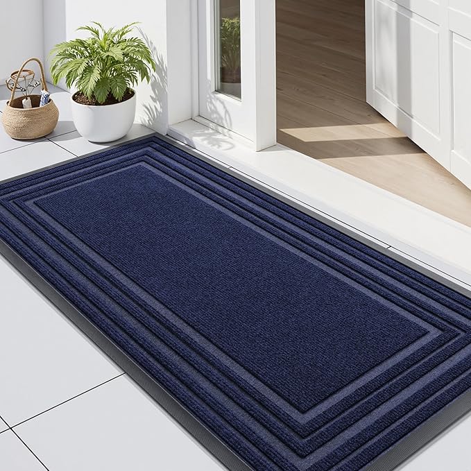 Buganda Front Door Mat Indoor Outdoor Entrance, Non-Slip Natural Rubber Doormats, Easy Clean, Low Profile, Dirt Trapper Entryway Floor Mats for Outside, Garages and Patios, 47x24, Navy