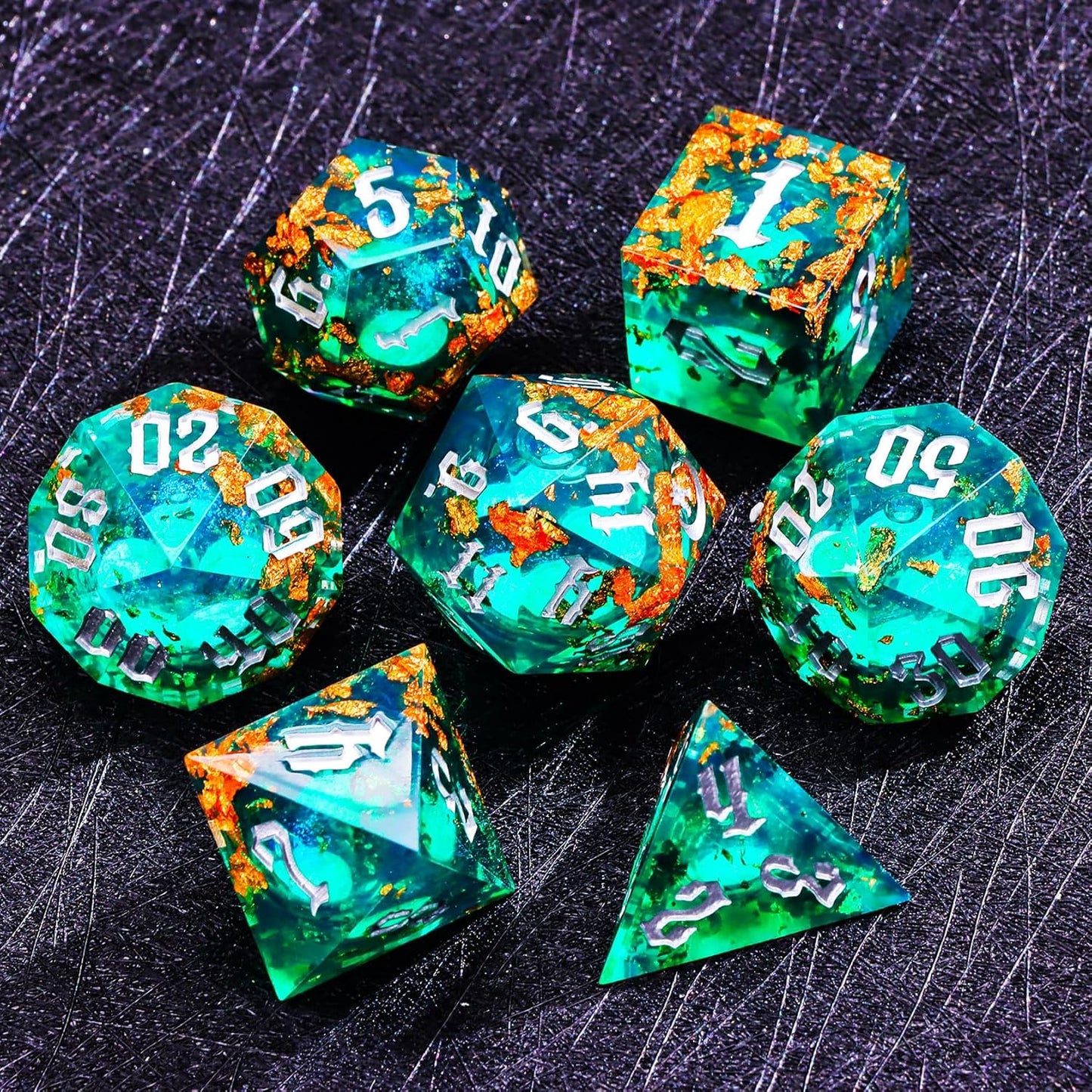 The Green Moon of Mystery Liquid Core DND Dice Set – Unique Resin Dice Set for Dungeons & Dragons – Galaxy Moon Dice for D&D Gifts