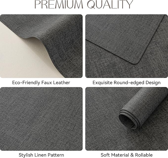 Romanstile Vinyl Placemats Set of 4-12 X 17 Inch - Heat Resistant Place Mats 100% Waterproof Oilproof Wipeable Reversible Faux Leather Table Mats for Kitchen, Dining, Party, Outdoor, Charcoal