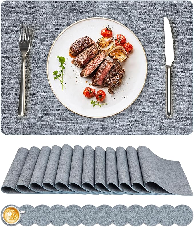 Vinyl Placemats Set of 12, Faux Leather Waterproof and Heat Resistant Place Mats, Washable Anti-Slip Table Mats with Coaster, Wipeable Placemats for Indoor & Outdoor 17" x 12" (Light Blue, Set of 12)