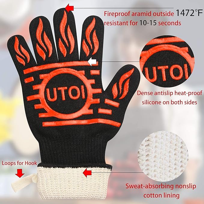 BBQ Grill Gloves Kit, 1472°F Heat Resistant BBQ Gloves/Long Non-Slip Oven Mitts, Meat Shredder Claws & Silicone Basting Brush for Grilling, Smoker, Baking, Barbecue, Kitchen & Outdoor Cooking