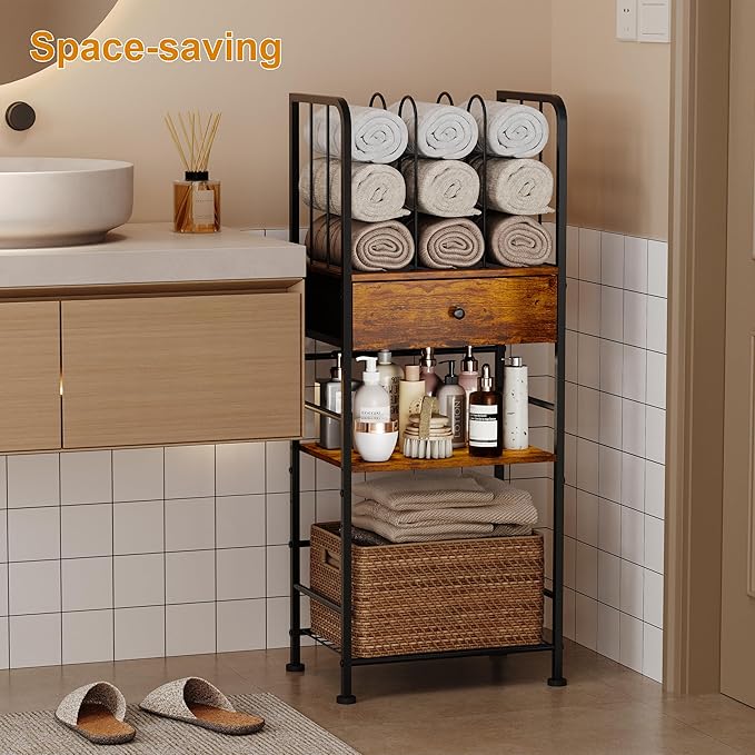Towel Rack Free Standing 3-Tier with Drawer and M-Shaped Detachable Dividers,Towel Holder with Adjustable Shelf, Towel Organizer Space Saving for Bathroom and Poolside Patent Pending