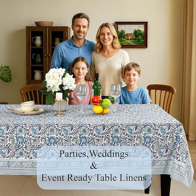 CPC Tablecloth 100% Cotton 72x140 Inch Indian Block Print Rectangle Table Cover, Blue Table Cloth for Weddings, Spring/Summer, Barbeque - Indigo Blue