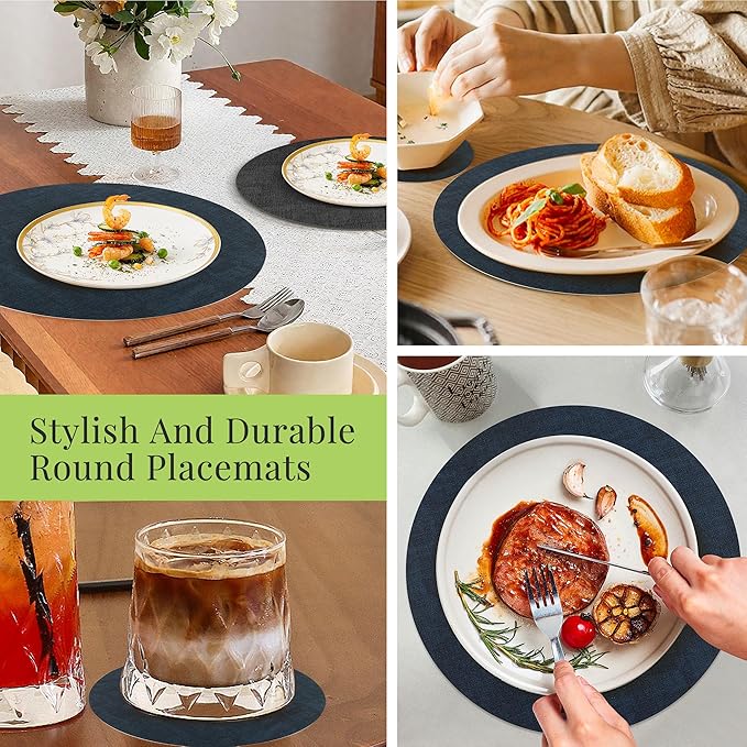13-Inch Faux Leather Round Placemats Set of 4, Waterproof Anti-Slip Dual Sided Place mats, Heat Resistant Washable Table Mats with Coaster, Suitable for Indoor & Outdoor (4, Black Navy Blue)