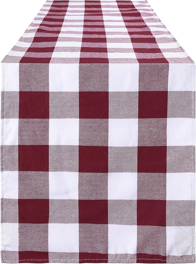 Tosewever Buffalo Check Plaid Farmhouse Table Runner, Cotton Polyester Blend Classic Family Dinner Table Runners for Indoor Outdoor Parties Events Home Decoration (Red and White, 14 x 72 Inch)