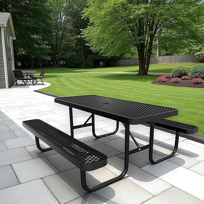 6 FT Metal Picnic Tables for Outside, Outdoor Coated Steel Heavy Duty Commercial Picnic Table with Benches, Patio Table Rectangular Furniture Set for Garden, Lawn, Shops, Parks