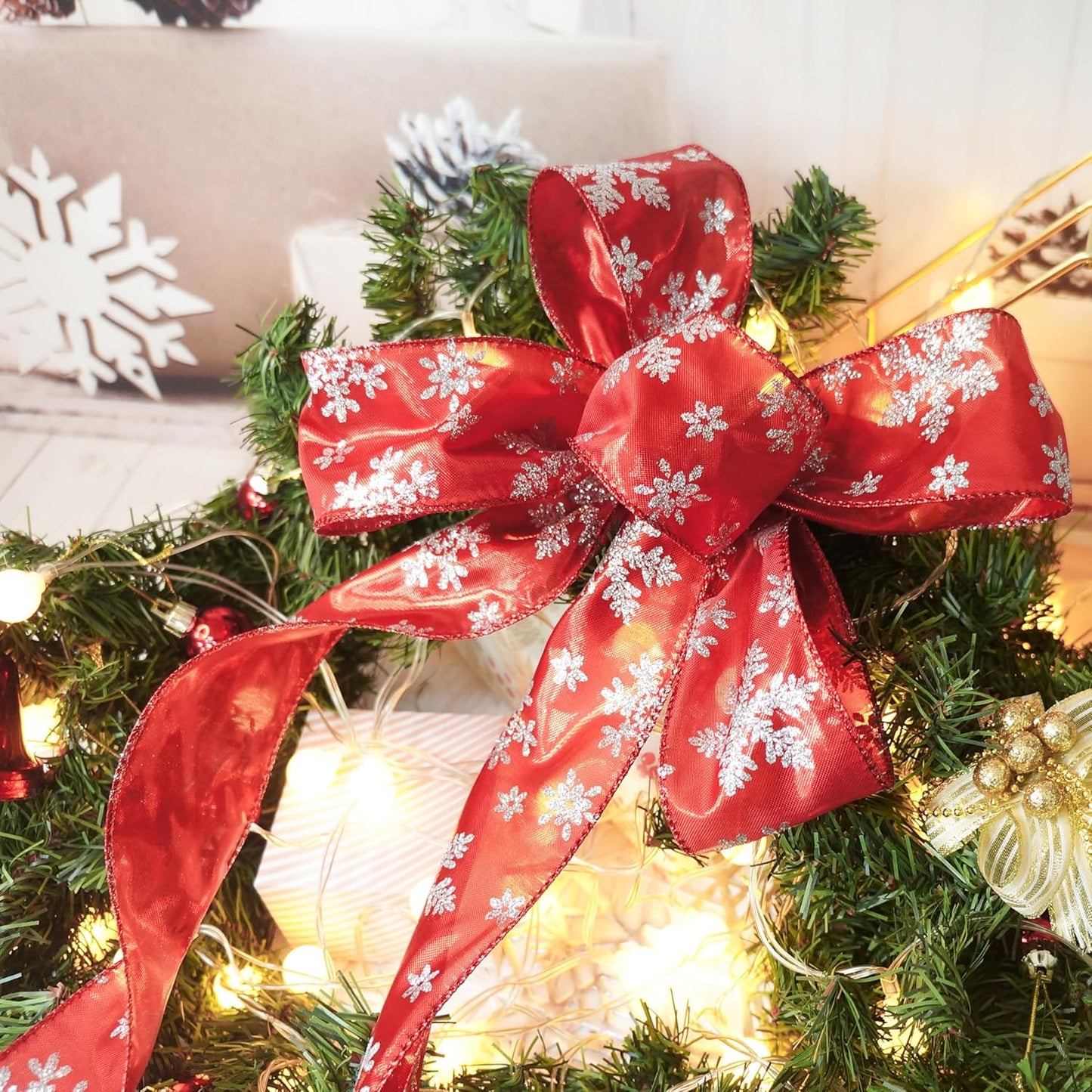 CT CRAFT LLC Red Metallic with Silver Glitter Snowflake Wired Ribbon 2.5 Inch x 25 Yards for Christmas Home Decor Tree Topper Bow Gift Wrapping DIY Crafts Wreath Garland