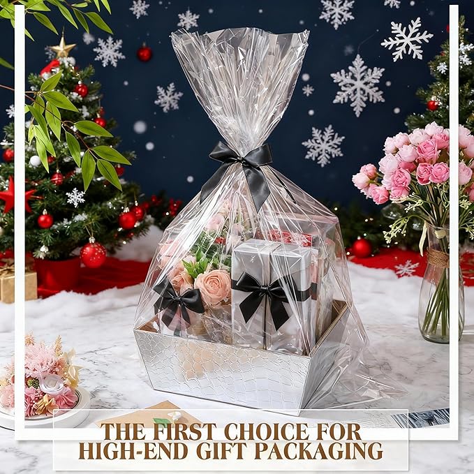 Wonderjune 20 Pcs Valentines Day Gift Baskets Empty To Fill Baskets For Gifts Empty With Gift Bag Bow Valentines Gifts Storage Basket Bulk for Wedding Party Wrapping(Silver)