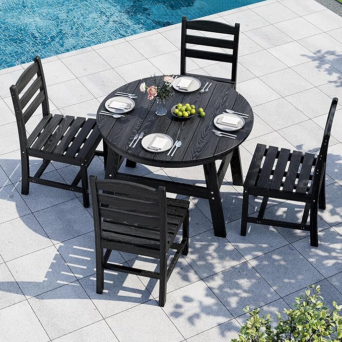 5 Piece Round Outdoor Dining Set, Relaxing HDPE Outdoor Table and Chairs with 105° Ergonomic Backrest, All-Weather Patio Table and Chairs Set with Umbrella Hole for Porch, Poolside, Black