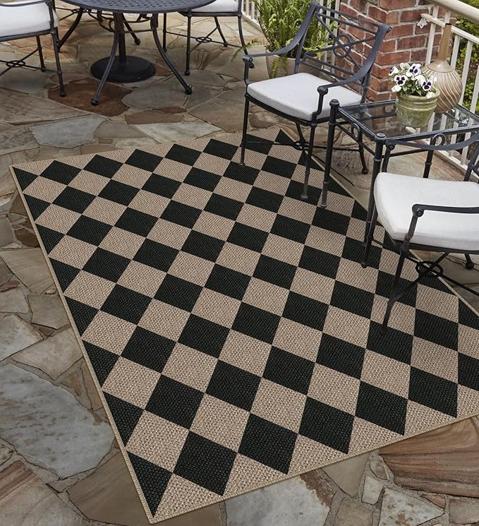 Easy Jute Checkered Area Rug, 4x6 Black Modern Washable Rugs for Living Room Non-Slip Low Pile Entryway Mat, Farmhouse Diamond Indoor Outdoor Carpet for Kitchen Backyard Bedroom Office
