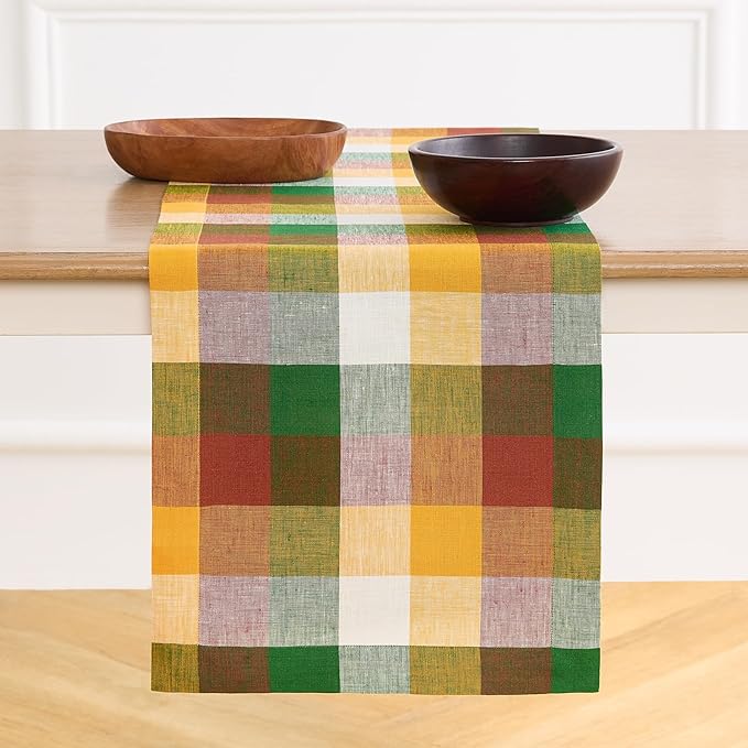 Solino Home Checkered Linen Table Runners 72 Inches Long - 100% Pure Linen Multicolor Fall Buffalo Check Table Runner 14 x 72 Inch Ideal for Dresser, Dining