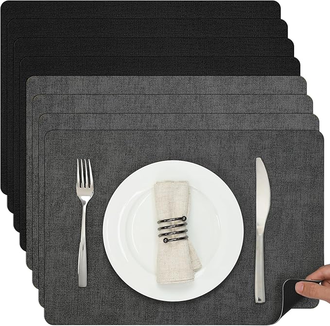 Myir JUN Placemats Set of 8, Dual Sided Faux Leather Placemats Place Mats Set of 8 Indoor for Dining Table Non-Slip Washable Heat Resistant Outdoor Table Mats (Set of 8, Black Gray)
