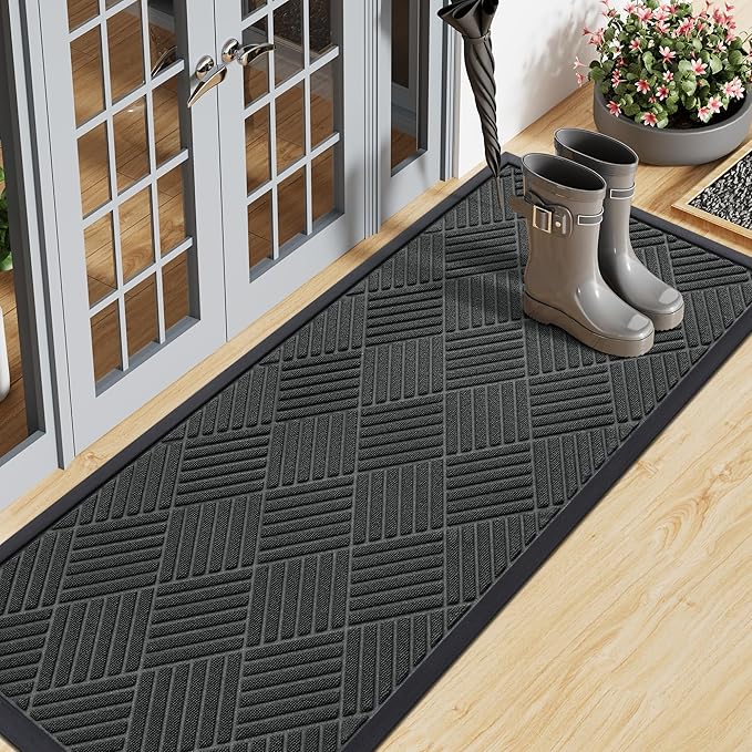 Smiry Front Door Mat Outside Entrance, Heavy Duty Outdoor Indoor Natural Rubber Doormat, Non Slip, Trap Dirt and Moisture, Easy Clean, Low Profile Patio Porch Entryway Mat, 47x17, Black