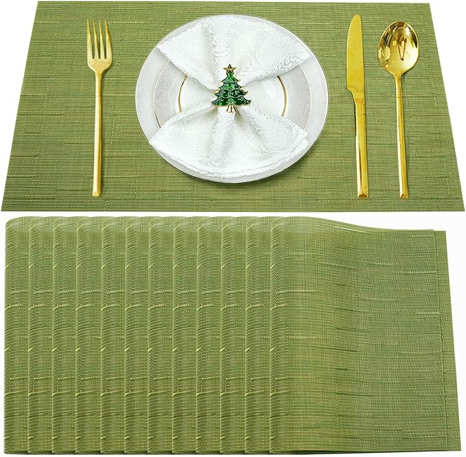 Placemats Set of 12,Washable,Heat and Stain Resistant Indoor/Outdoor Place mats,Vinyl Woven Non Slip Table Mats for Restaurant Table Protection,PVC Placemats(Green,12PCS)