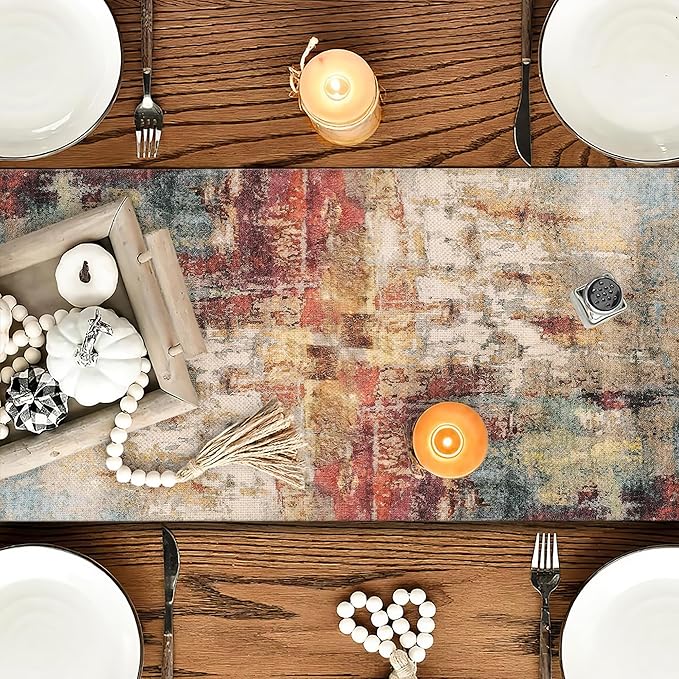 OYIMUA Modern Abstract Rust Colorful Table Runner 13 x 72 Inches Summer Runners for Tables Rustic Spring Fall Decorations for Home Indoor Outdoor Table Decor