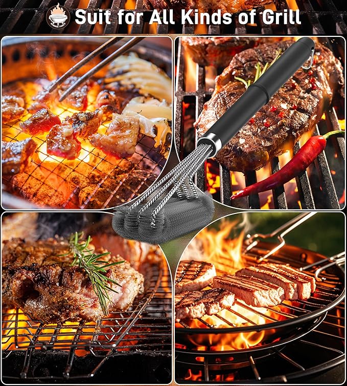 BBQ Grill Cleaning Brush, Heavy Duty Grill Cleaning Brush for Outdoor Grill, 3-Branch Stainless Steel Bristles Cleaner for Easier and Effective Clean, BBQ Tools for Gas/Charcoal Grilling Grates