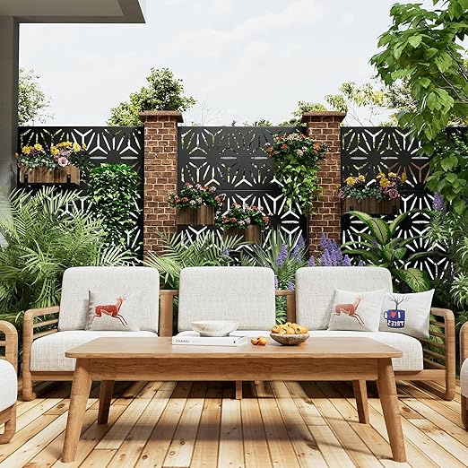 Casaphoria Metal Privacy Screen Outdoor, 72" H x 47" W Freestanding Decorative Privacy Screen for Patio Deck Balcony Garden with Stable Base, Star Black