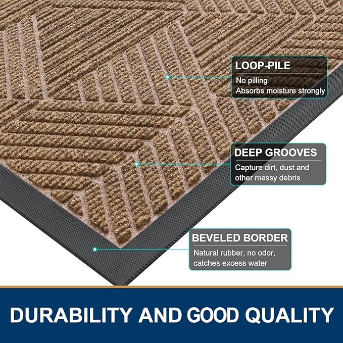 Smiry Front Door Mat Outside Entrance, Heavy Duty Sturdy Natural Rubber Doormat, Trap Dirt and Moisture, Easy Clean Low Profile Mats for Indoor Outdoor Entry, Irregular Triangle (47x32, Light Brown)
