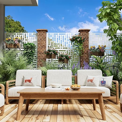 Casaphoria Metal Privacy Screen Outdoor, 72" H x 47" W Freestanding Decorative Privacy Screen for Patio Deck Balcony Garden with Stable Base, White-Helen