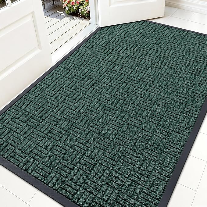 OLANLY Front Door Mat Outside Entrance 59x34, Absorbent, Heavy Duty Sturdy Natural Rubber Doormat Indoor Outdoor, Non-Slip, Stain and Fade Resistant, Low Profile Floor Mat for Entryway, Black Green