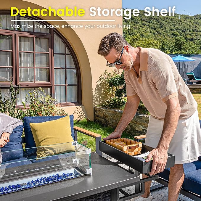 Sundale Outdoor 52 Inch Outdoor Fire Pit Table, 50,000 BTU Propane Fire Pits with Storage Shelf, Glass Wind Guard and Lid, Wicker Patio Gas Fire Pit for Outside Patio and Garden, CSA-Listed(Grey)