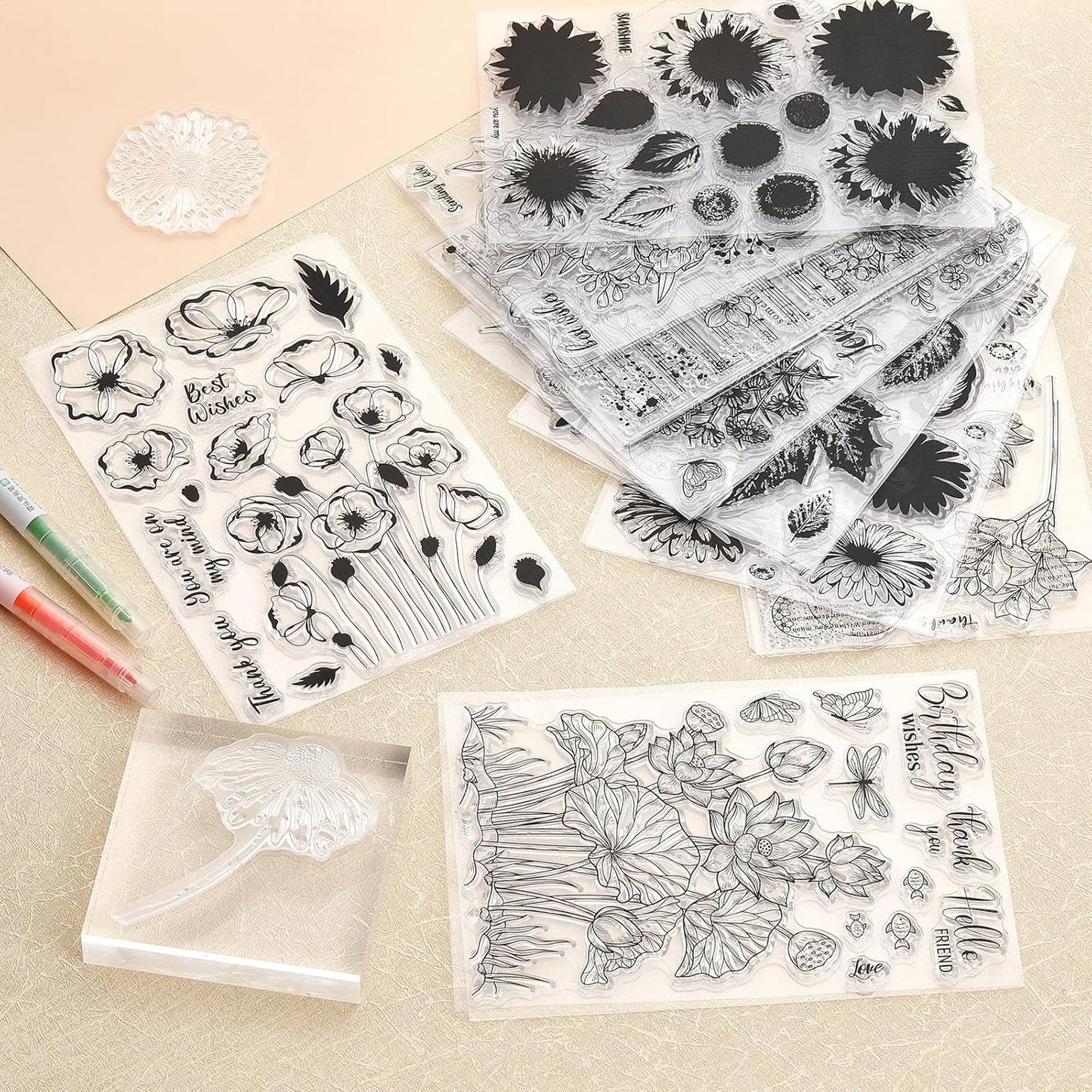 ORIGACH 9 Sheets Plants and Flowers Clear Stamps Silicone Transparent Stamps for Card Making Decoration and DIY Scrapbooking