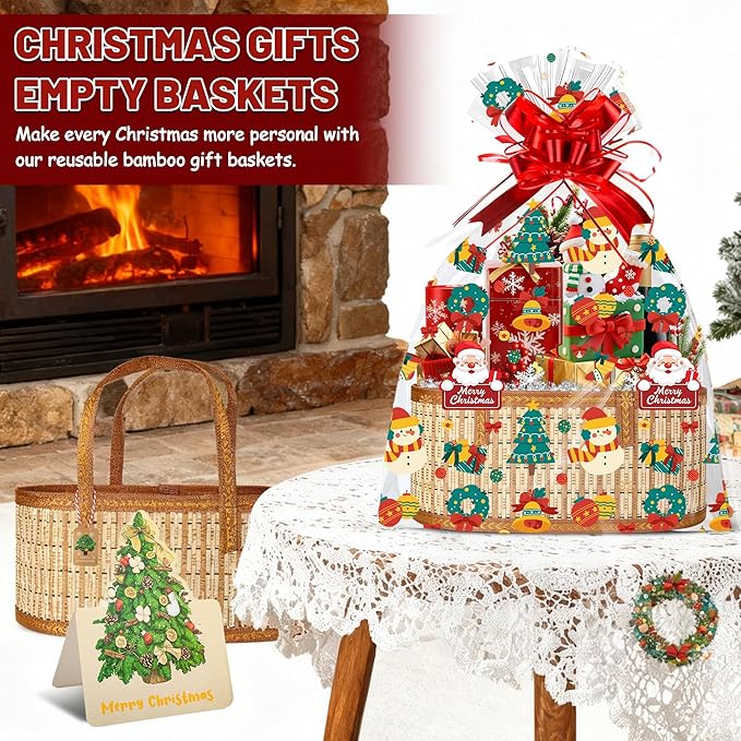 2 Set Baskets for Gifts Empty, Large Bamboo Christmas Gift Baskets with Handle, Foldable Woven Holiday Baskets for Gifts, DIY Gift Wrapping Set, Reusable Decorative Xmas Basket Kit