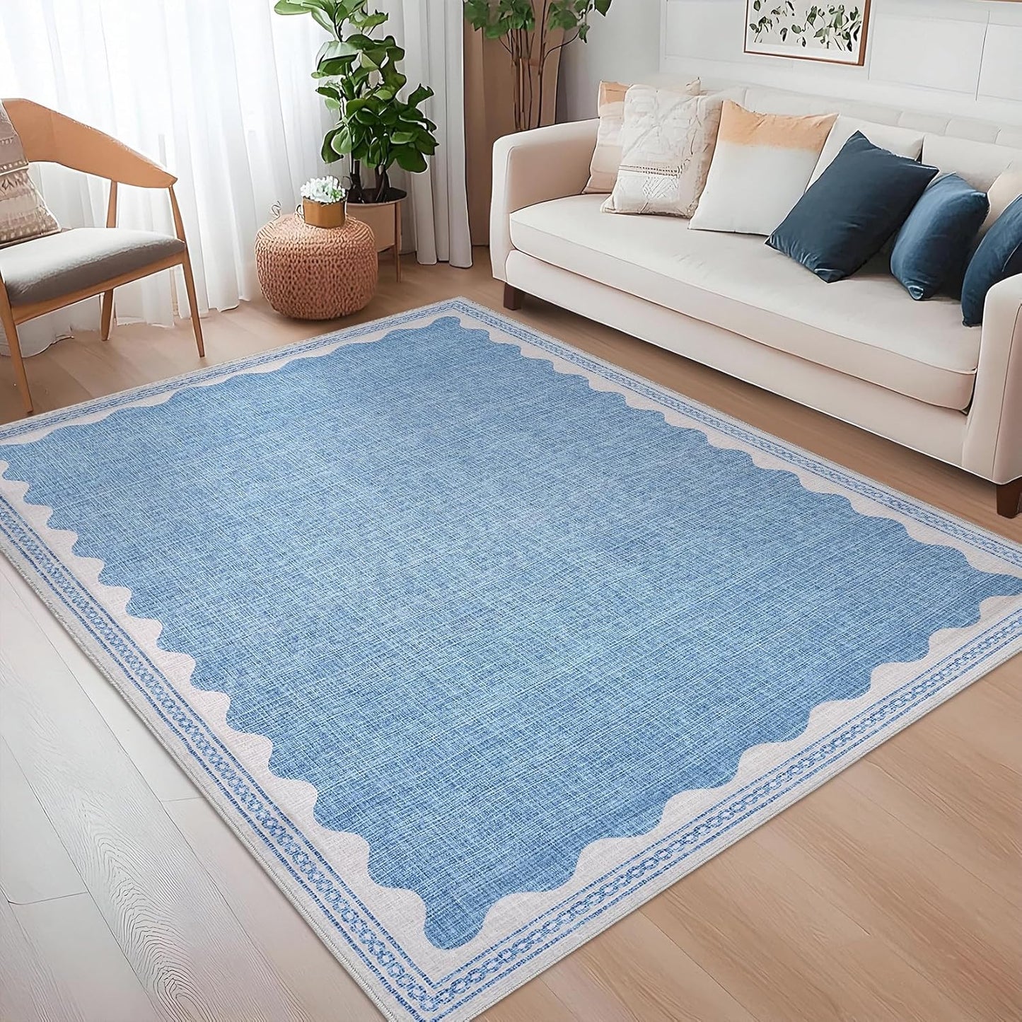 Scalloped Washable Rug 5x7 Area Rugs for Living Room, Solid Blue Rug for Bedroom Girls, Non Slip Scalloped Rugs Throw Mat with Rubber Back, Soft Dorm Nursery Low Pile Carpet for Dining Room