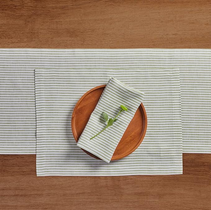 Solino Home Linen Table Runner 132 Inches Long - Narrow Stripe, 100% Pure Linen Avocado and White Farmhouse Table Runner 14 x 132 Inch for Dining, Spring, Easter, St Patricks Day