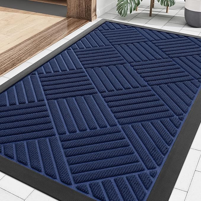 Smiry Front Door Mat Outside Entrance, Heavy Duty Outdoor Indoor Natural Rubber Doormat, Non Slip, Trap Dirt and Moisture, Easy Clean, Low Profile Patio Porch Entryway Mat, 29.5x17, Navy Blue