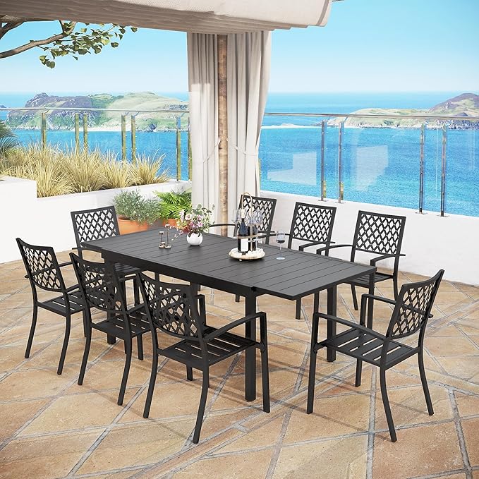 MFSTUDIO Outdoor Dining Set for 8, Patio Dining Set with Expandable Table, 9 Piece Patio Table and Chairs Set, Outdoor Patio Furniture Set for Deck Backyard Poolside Garden