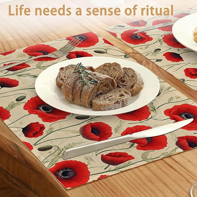 Poppy Flowers Placemats Set of 6,Red Bright Table Mates Non-Slip Heat Resistant Washable Linen Place Mats for Party Kitchen Dining Decoration Indoor Outdoor 12"x18"