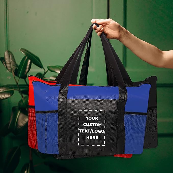 DISCOUNT PROMOS 10 Zippered Non-Woven Tote Bags Set - Customizable Text, Logo - Mesh Pocket, Zippered, Recyclable, Reusable - Blue - 19"X14"X3", with Zipper