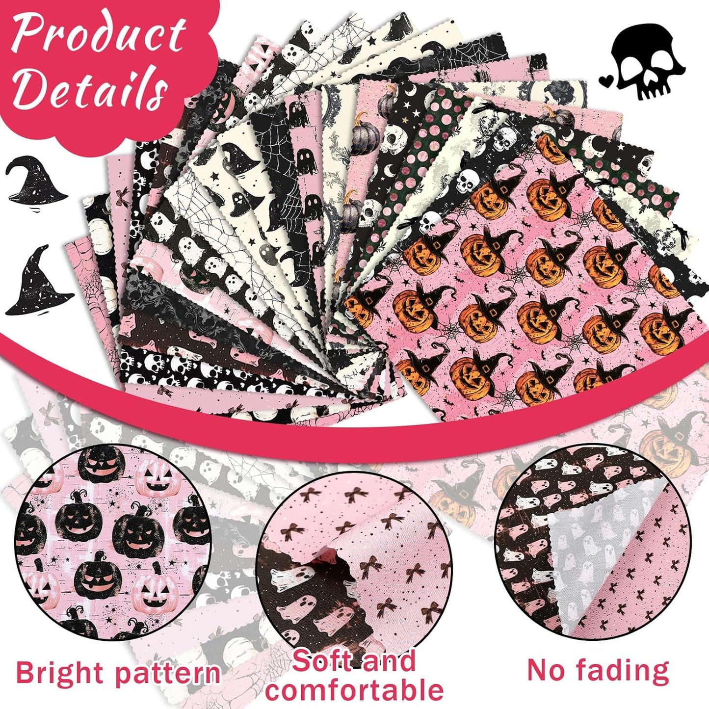 Ganeen 60 Pcs 10 x 10 Inch Pink Halloween Quilting Fabric Squares Vintage Pink Ghost Fat Patchwork Precut Strips Retro Pumpkin Skull Fabric Bundles for Holiday DIY Craft Sewing Quilt Material Handmade